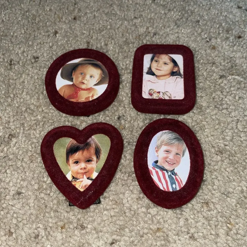4 Vintage Miniature Red Velvet Picture Frames Heart Oval Rectangle Circle